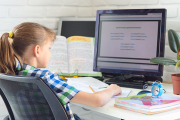 Girl doing homework on the computer at home