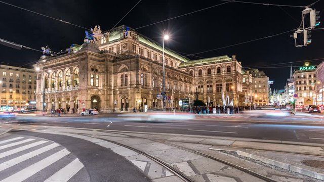 Vienna Wien Opera House timelapse at night with car traffic and trams