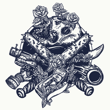 Post apocalypse tattoo. Skulls, roses, baseball bats with spikes. Post apocalyptic weapons, gas mask, geiger counter. T-shirt design. Symbol of survival, doomsday, nuclear war, end of the world