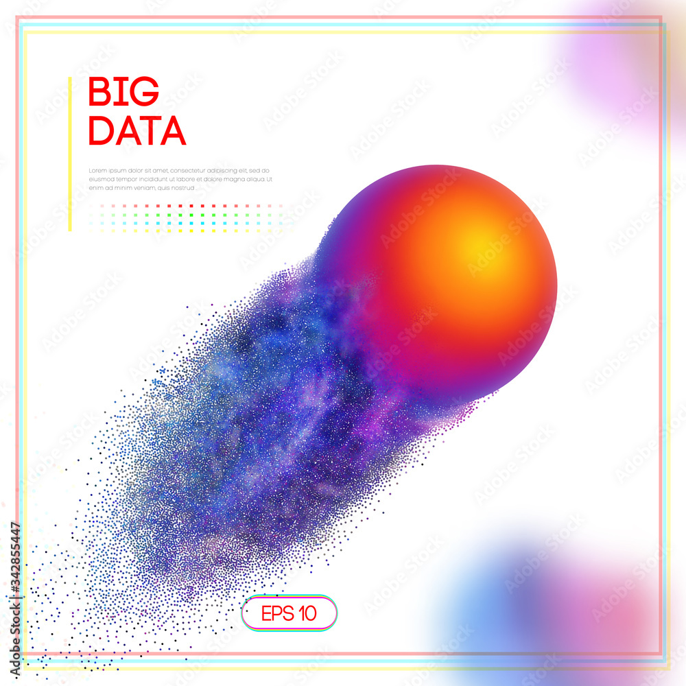 Poster 3d design template with big data colorful sphere on white background with blurred fluid shapes. netw