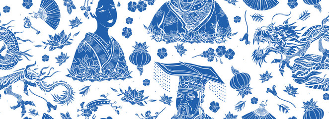 Chinese traditional blue ceramic background. Old school tattoo style. Dragon, emperor, queen in traditional costume, fan, lantern, lotus flower. Ancient oriental culture. China seamless pattern © intueri