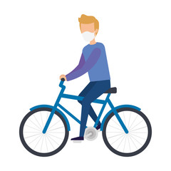 young man with face mask in bike vector illustration design