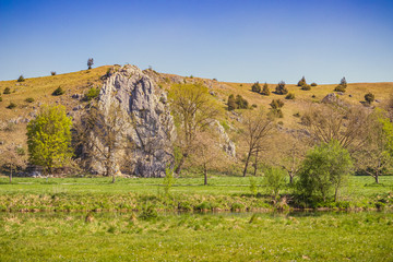 Obraz premium The river Brenz in the Eselsburg valley (Eselsburger Tal) near Herbrechtingen, Heidenheim, Germany on a sunny day. Cliffs, green grass and blue sky. Nature background concept.
