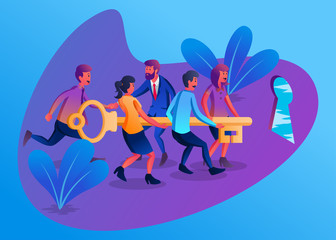 Flat Vector Illustration Representing Some Employees with a Leader Working Together to Raise a Key to Open the Door of Success