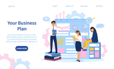 Business Plan concept with businesspeople in front of business charts and signs, colored vector illustration with copy space