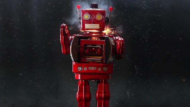 red retro robot walking through deep space 