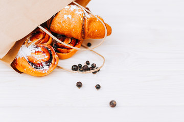 Paper bag bakery products. Healthy meal. Blank space. Gourmet food. Mock up.