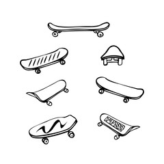 Set of black and white vector illustrations. Skateboards. Isolated on a white background. © Екатерина Бондарук