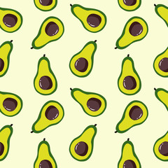 Ripe, juicy avocado in a cut with, geometric seamless pattern on a yellow background, vector.