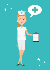 nurse with clipboard and speech bubble vector illustration design