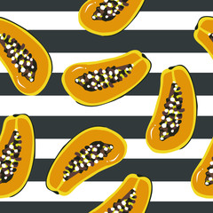 Ripe, juicy yellow papaya fruit in a cut, geometric seamless pattern on a black and white striped background, vector.