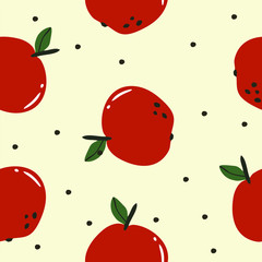 Ripe, red apples with a leaf and dots, geometric seamless pattern on a beige background, vector. 