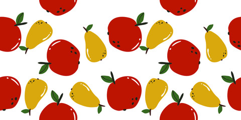 Ripe, juicy fruits apples and pears, geometric seamless pattern on a white background, vector. 