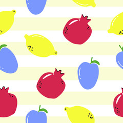 Ripe pomegranate fruits, lemons and plum, geometric seamless pattern on striped white and yellow background, vector. 