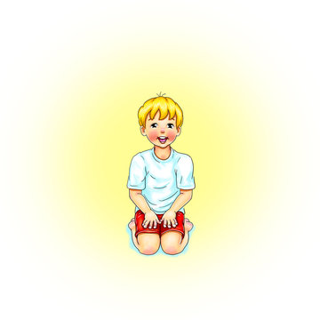 Kids Yoga - Joga für Kinder, Asana Eule Uhu, horizontal Banner Design Concept Cartoon. Junge barfuß in Yoga Haltung, macht fröhliches Gesicht. Yogi Logo auf Hintergrund in weiß.