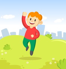 Fototapeta premium Happy boy jumping for joy in the park on city and blue sky background. Funny cartoon character. Colorful cartoon flat vector illustration.