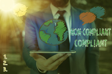 Handwriting text Non Compliant Compliant. Conceptual photo Resistant to the Rule in Accordance to...