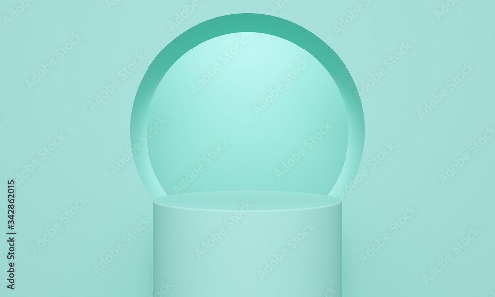 Poster blue abstract background with a cylindrical podium and a window in the wall. backdrop design for pro