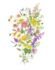 Vintage watercolor summer meadow wildflowers greeting card.