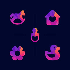 Obraz premium Baby Colorful gradient toy equipment icons for eCommerce business symbol. Flower, Ducky, House, Love House, Love, Pacifier, Hobbyhorse vector awesome colorful gradient vector icon design. 