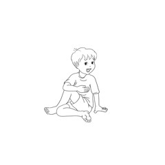 Kids Yoga - Joga für Kinder, Asana Meerjungfrau, horizontal Banner Design Concept Cartoon. Junge barfuß in Yoga Haltung, macht fröhliches Gesicht. Yogi Logo auf Hintergrund in weiß.