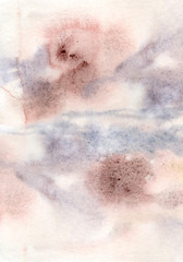 Watercolor abstract background with blue, pink, gray and red spots. Hand painted pastel illustration isolated on white background. For design, print, fabric or background.