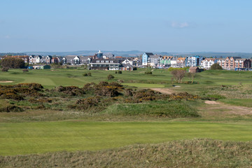 View looking towards Littlehampton Links Golf Course over empty and deserted fairways during lockdown in the UK.