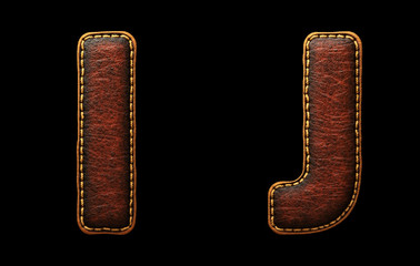 Set of leather letters I, J uppercase. 3D render font with skin texture isolated on black background.