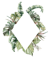 Fototapeta premium Watercolor tropical frame with palm leaves. Hand painted card with monstera, banana and coconut branches isolated on white background. Floral illustration for design, print, fabric or background.
