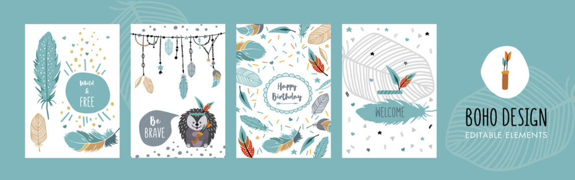 Happy birthday boho cards set collection with feathers, hedgehog, arrows.
Hand-drawn illustration with editable elements.