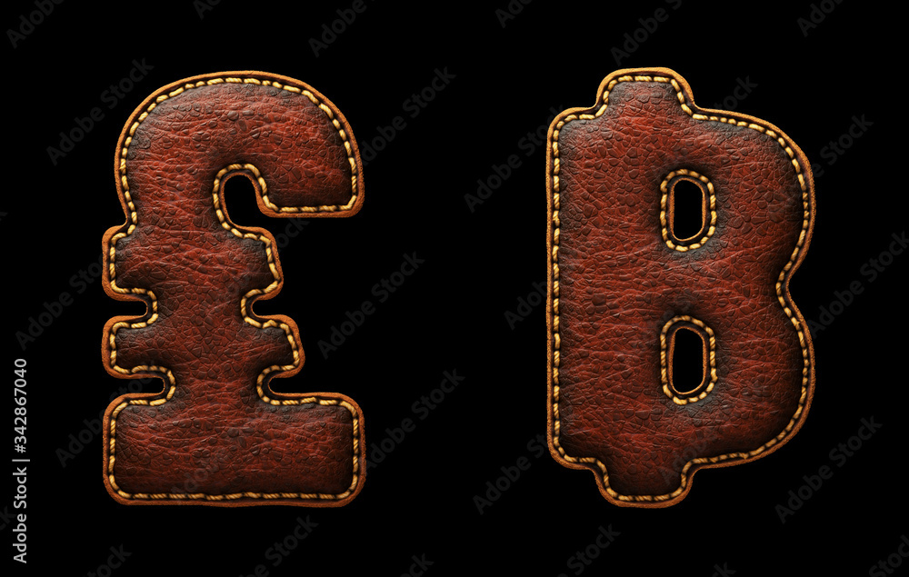 Fototapete set of symbols lira and baht made of leather. 3d render font with skin texture isolated on black bac