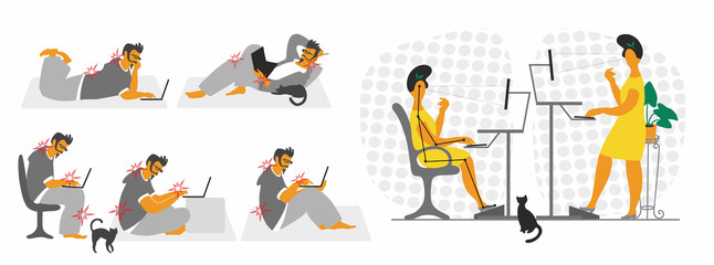 Home office. Remote work. Correct organization of the workplace. work from home. work at home. Quarantine. Vector illustration. Flat style.