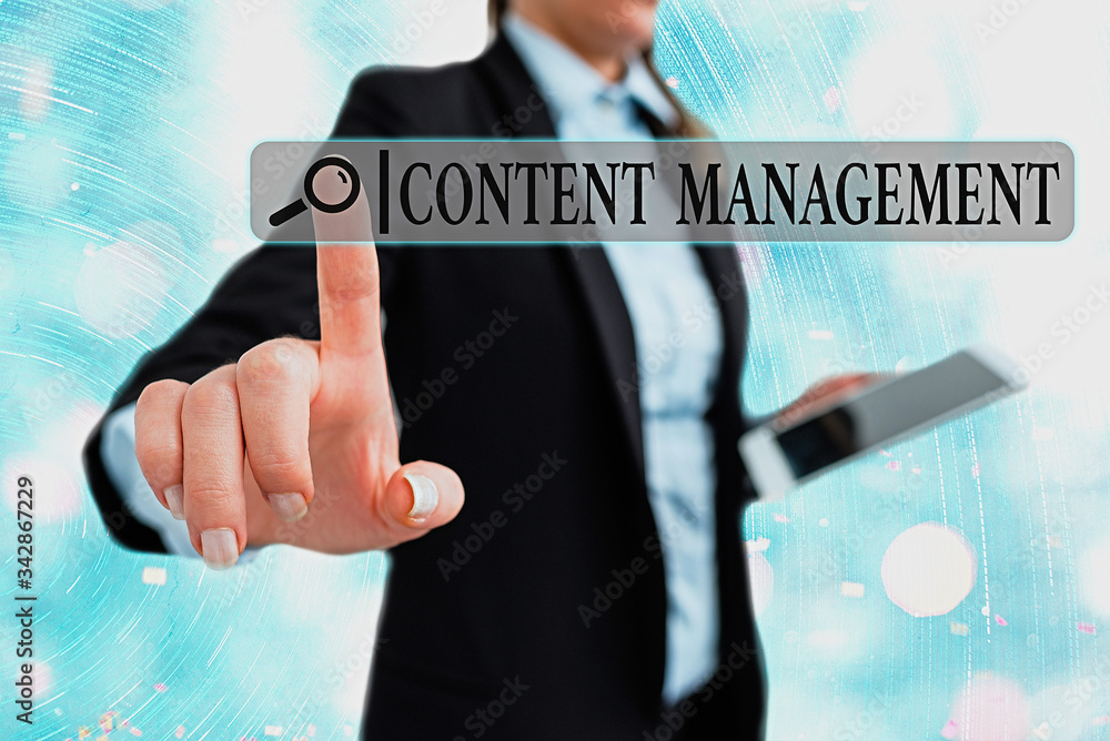 Aufkleber writing note showing content management. business concept for process that collects manage and publi
