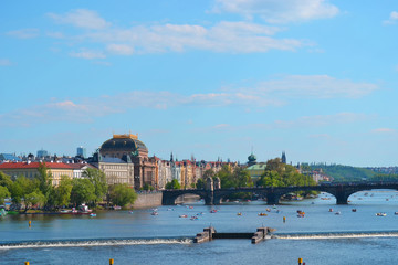 Vltava river and beautiful view of Prague from Charles Bridge