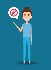 female paramedic with particles of covid 19 in forbidden signal vector illustration design