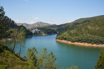 Fototapeta na wymiar Dornes city and landscape panoramic view with Zezere river, in Portugal