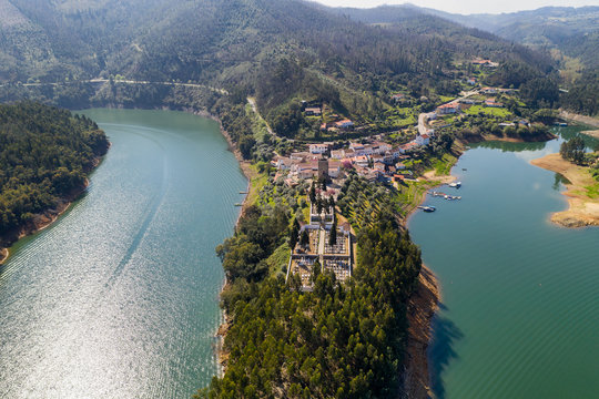 Dornes drone aerial view of city and landscape with river Zezere in Portugal
