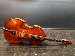 Single double bass on empty stage, crisis in culture business symbol - obrazy, fototapety, plakaty