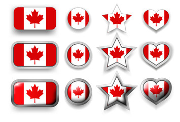 Set of vector labels of Canada flag button, round button, star and heart sign of love in flag colors red, white for poster or flyer