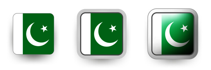 6 vector icons of Pakistan flag shield button and cogwheel, flat and volumetric style in flag colors green, white for poster, flyer