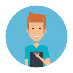 male paramedic with clipboard in frame circular vector illustration design