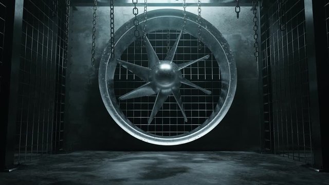 animation of abstract industrial hall with moving ventilation system and hanging chains