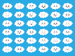 Set of cute kawaii cartoon clouds with faces. Emoji collection. Vector illustration