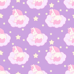 Seamless pattern with cute sleeping unicorn on the cloud. Vector illustration