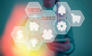 Writing note showing Identify Prospects. Business concept for Possible client Ideal Customer...