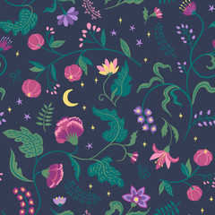 Seamless vector pattern with fantastic flowers, moon and stars like fairy tale background. Perfect for printing children clothes. - obrazy, fototapety, plakaty