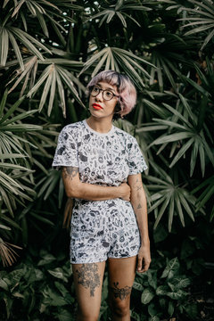woman, young, beautiful, summer, beauty, portrait, nature, tropical, people, face, happy, person, smile, green, outdoor, fashion, model, palm, hair, smiling, outdoors, art, artist, coffee shop, coffee