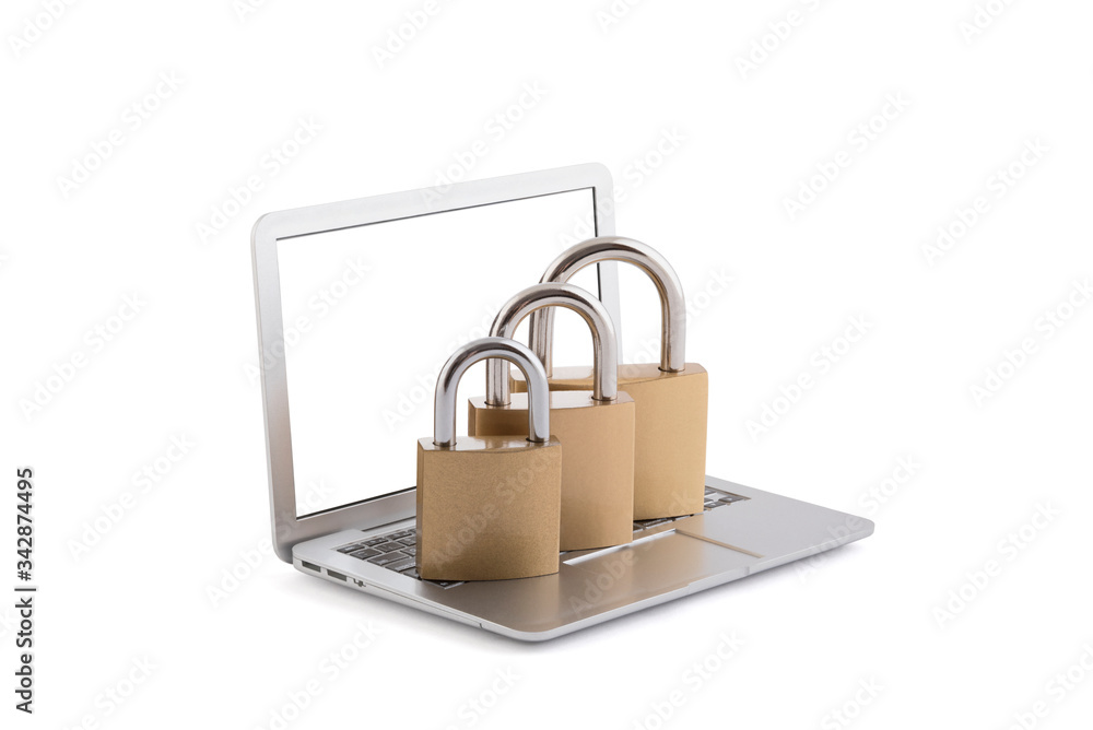 Poster computer security concept. three padlocks on laptop isolated on white with clipping path