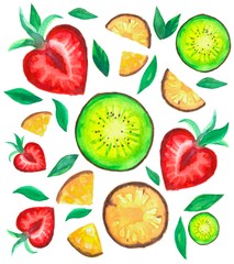 set of fruits art. Kiwi fruit, pineapple and strawberries with leaves watercolor