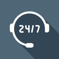 Call or support center, 24 and 7. White flat icon with long shadow on blue background